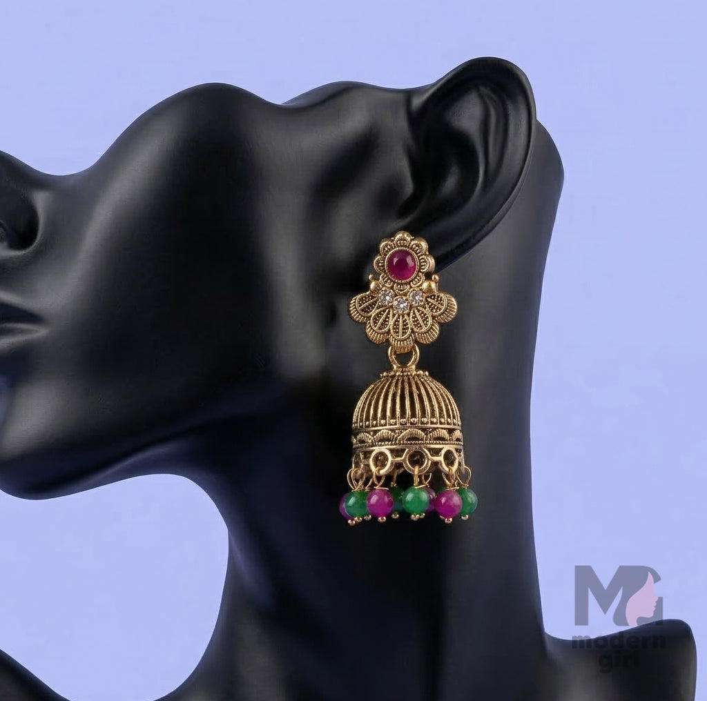 Traditional Gold Jhumka Earrings with Ruby & Green Beads