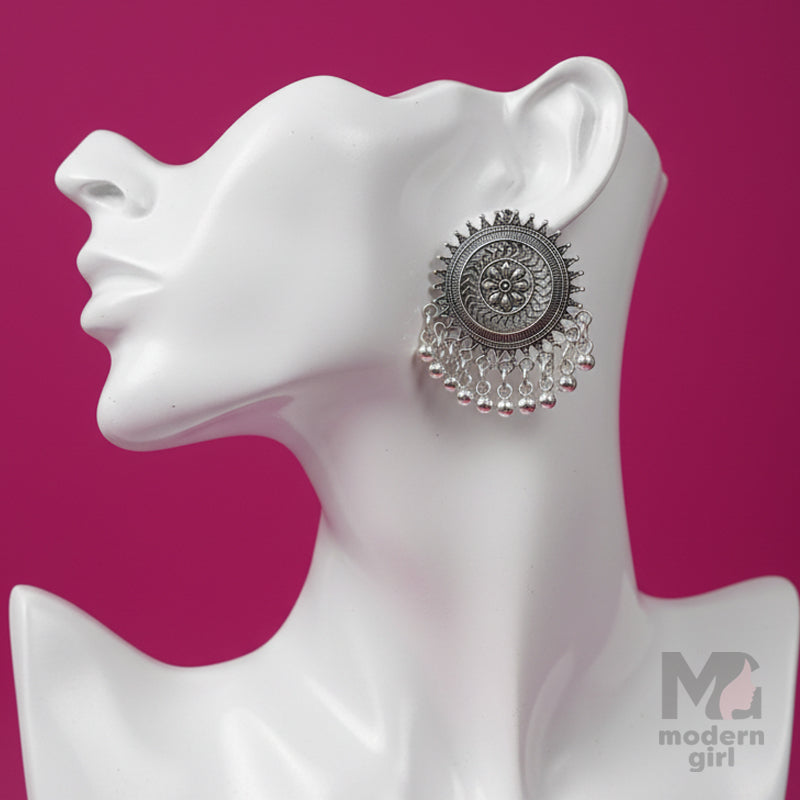 Oxidised Round Floral Earrings with Hanging Beads