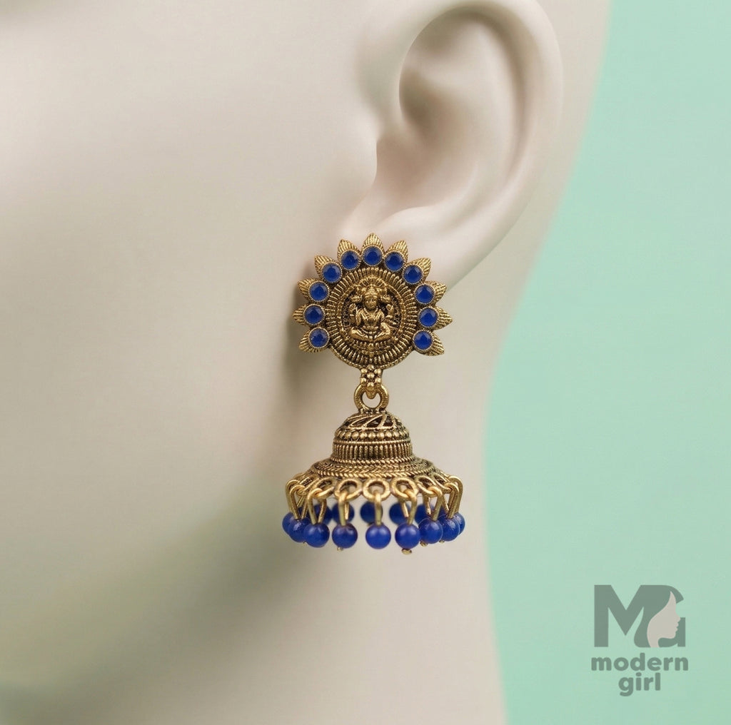 Lakshmi Temple Jhumka Earrings with Stone Detailing & Bead Drops