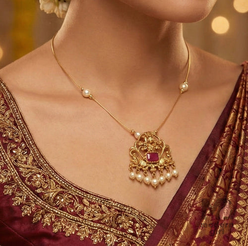 Traditional Lakshmi Pink Stone Pearl Pendant Necklace