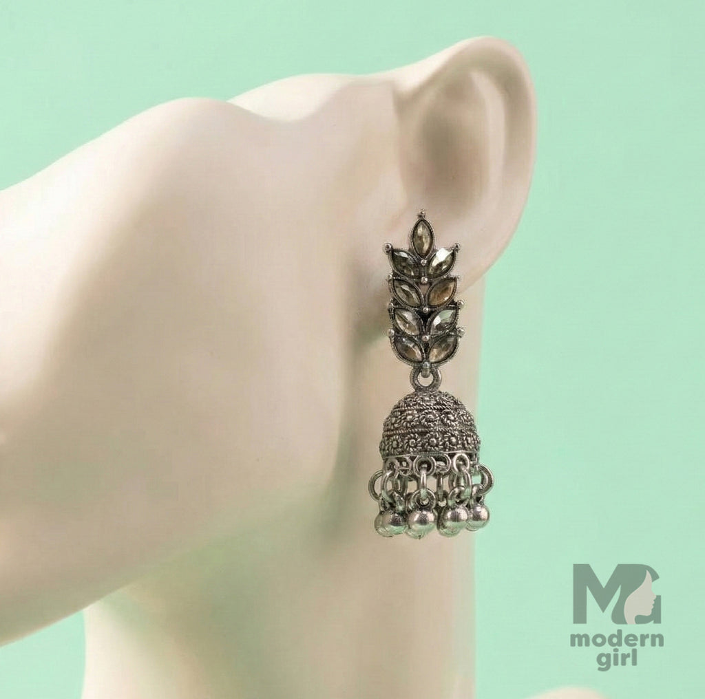 Oxidised Silver Leaf Jhumka Earrings for Women