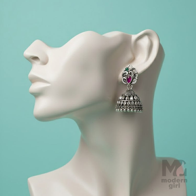 Oxidized Peacock Jhumka with Ruby Pink & Green Stone