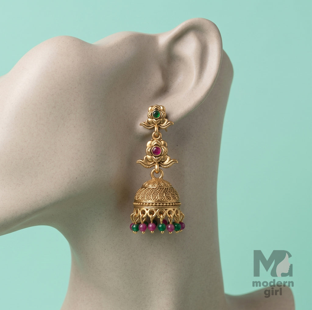 Floral Pearl Antique Jhumka Earrings – Traditional Gold Ethnic Design