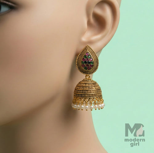 Traditional Gold Jhumka Earrings with Multi Stone
