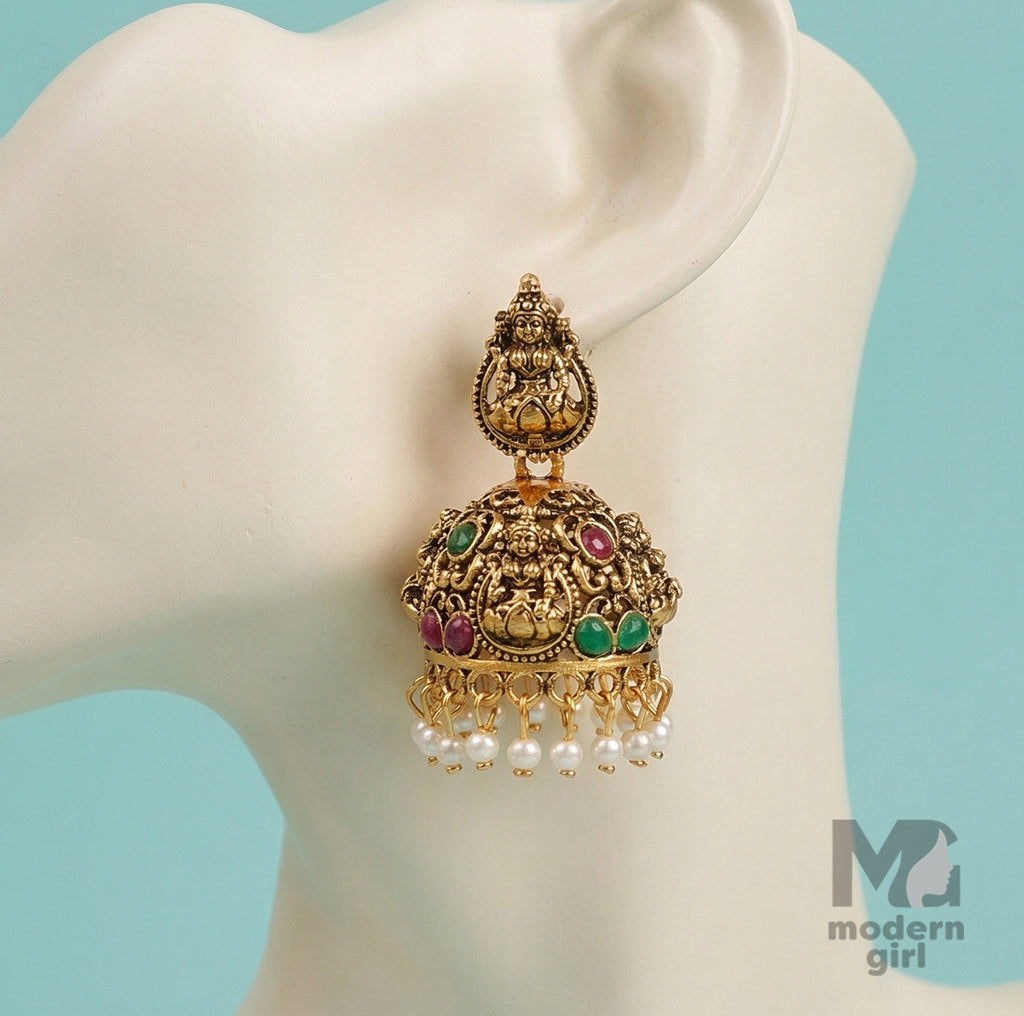 Temple Lakshmi Jhumka Earrings with Pearl Drops