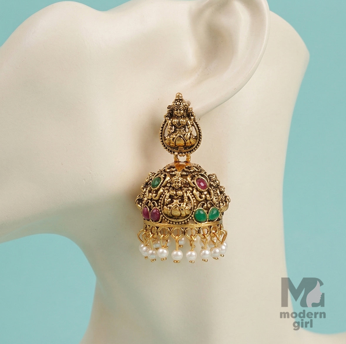 Temple Lakshmi Jhumka Earrings with Pearl Drops