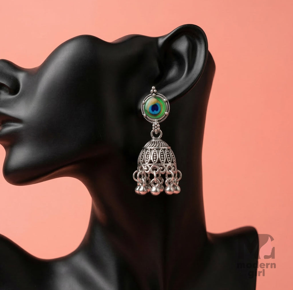 Peacock Eye Oxidised Silver Jhumka Earrings | Traditional Ethnic Jewelry for Women