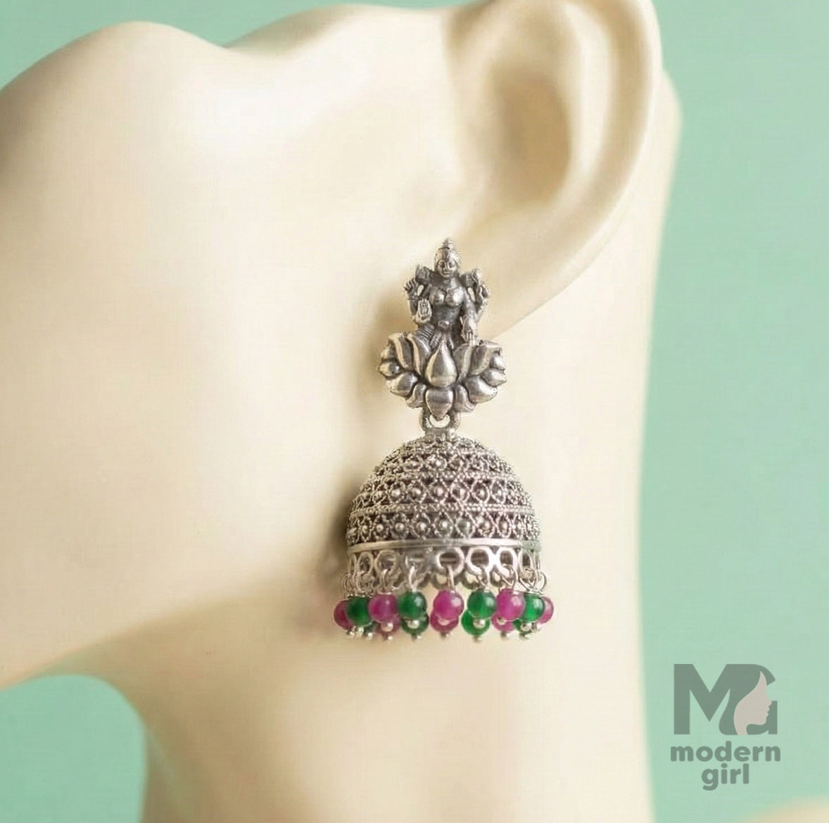 Oxidised Silver Lakshmi Jhumka Earrings with Pink & Green Beads