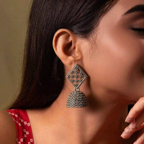 Oxidised Silver Geometric Diamond Stud Jhumka Earrings