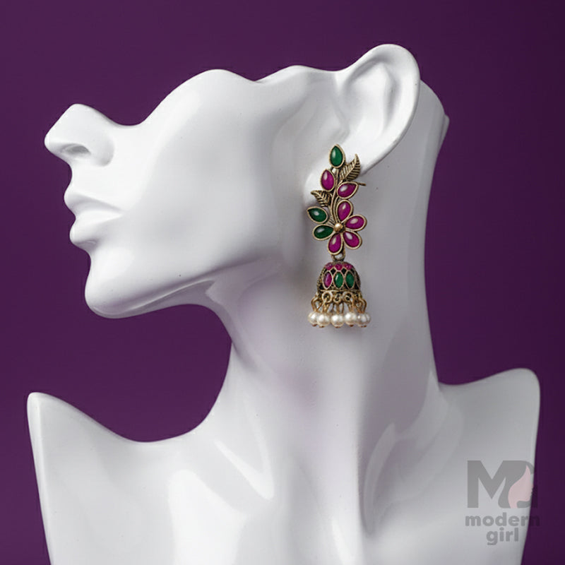 Floral Ruby & Emerald Pearls Jhumka Earring