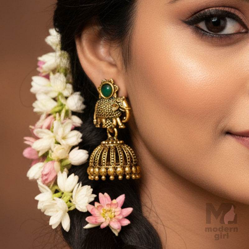 Antique Gold Elephant Motif Jhumka Earrings with Stone