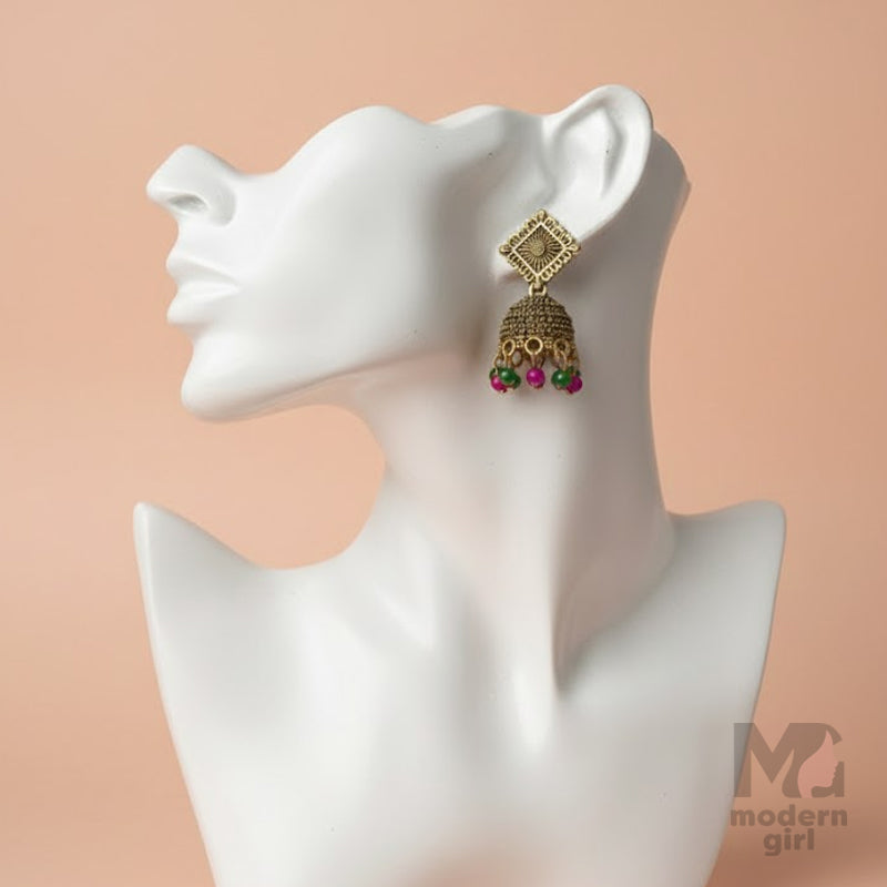Antique Gold Square Top Jhumka with Pink & Green Beads