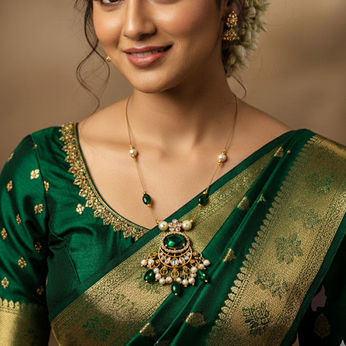 Invisible Chain Necklace with Green Oval Pendant & Pearls