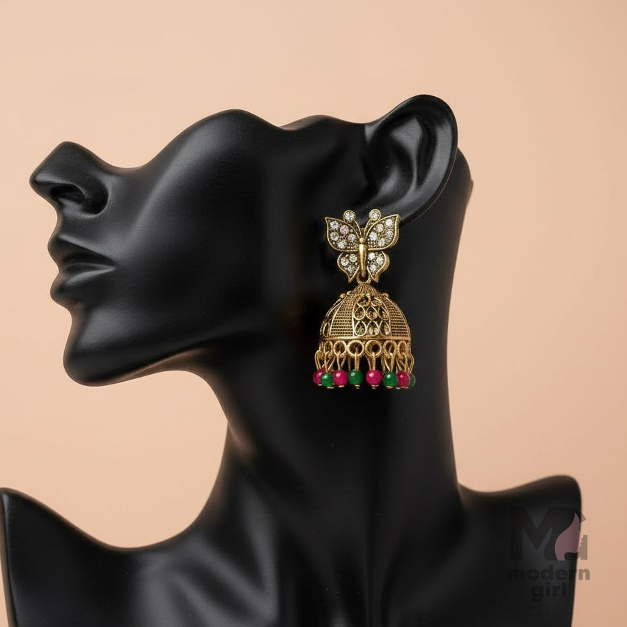 Butterfly Stone  Jhumka – Antique Gold Finish with Red & Green Beads