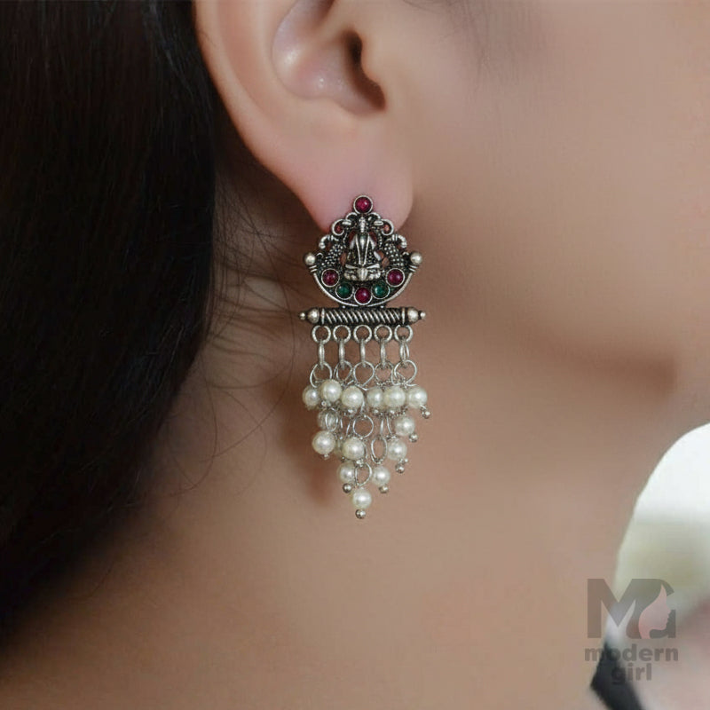 Oxidised Silver Temple Earrings with Red & Green Stones and Pearl Hangings
