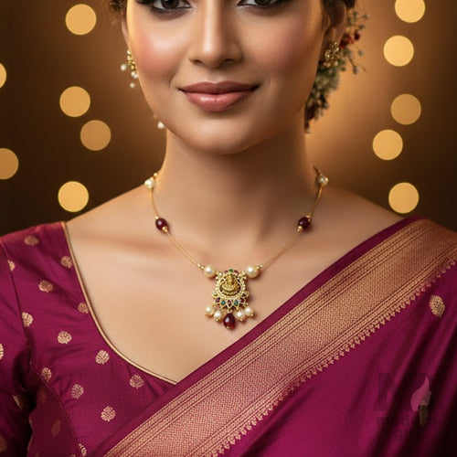 Temple Lakshmi Invisible Chain Necklace  - Multi-Color Stones