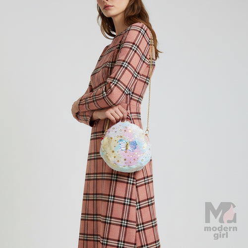 Round Pastel Fur Handbag with Butterfly Charm – Trendy Sling Bag for Women & Girls