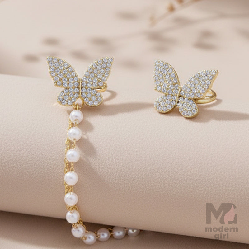 Golden Butterfly Stud Earring with Pearl Chain – Stylish Party Wear Jewelry