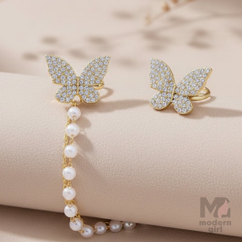 Golden Butterfly Stud Earring with Pearl Chain – Stylish Party Wear Jewelry