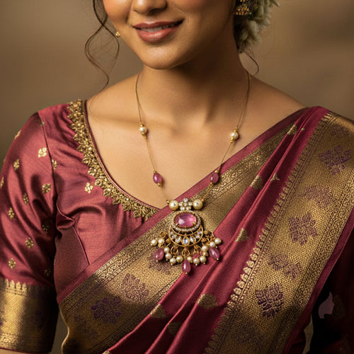 Invisible Chain Necklace with Pink Stone & Pearl Drops