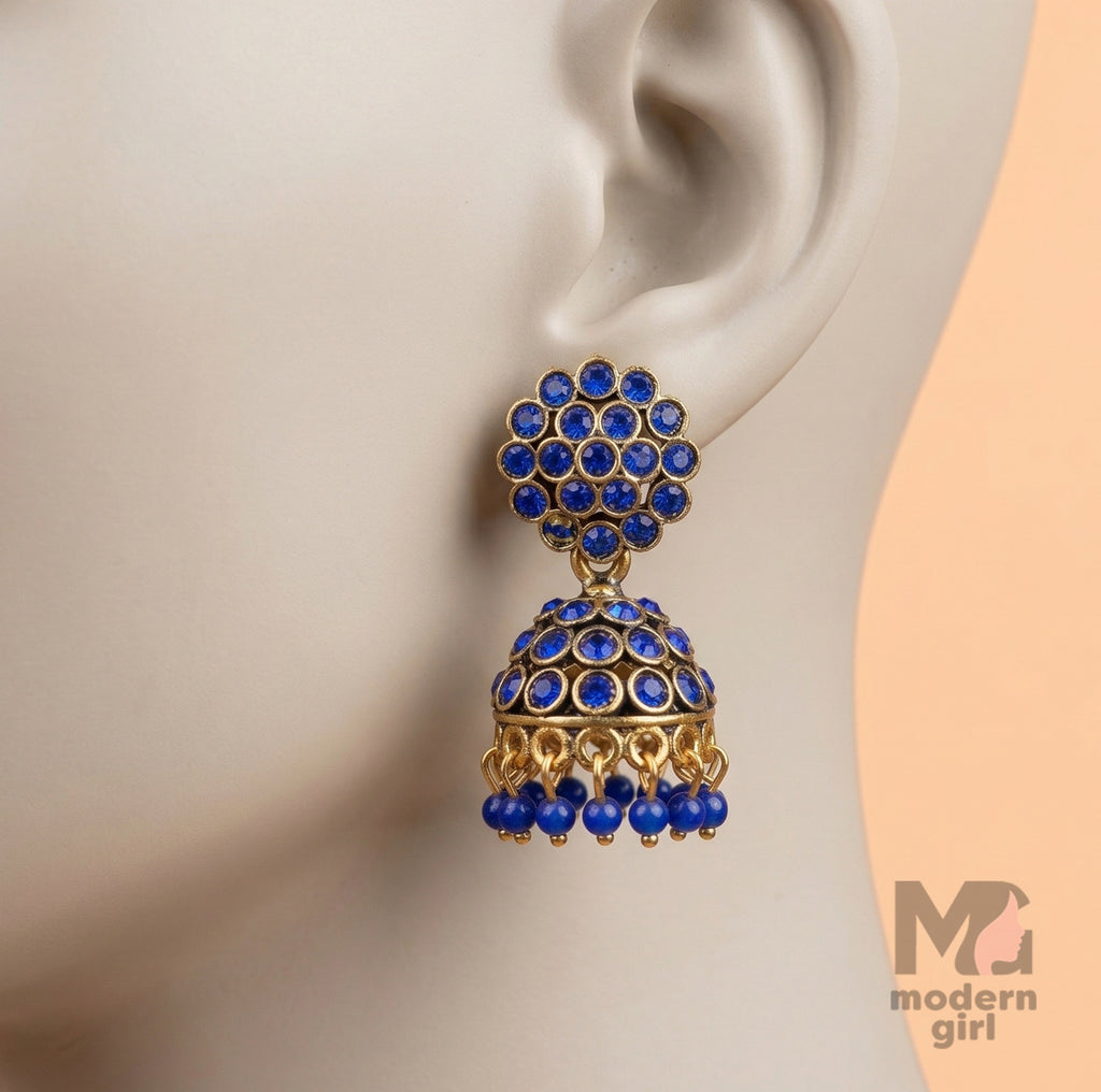 Premium Stone Studded Jhumka Earrings with Bead Drops