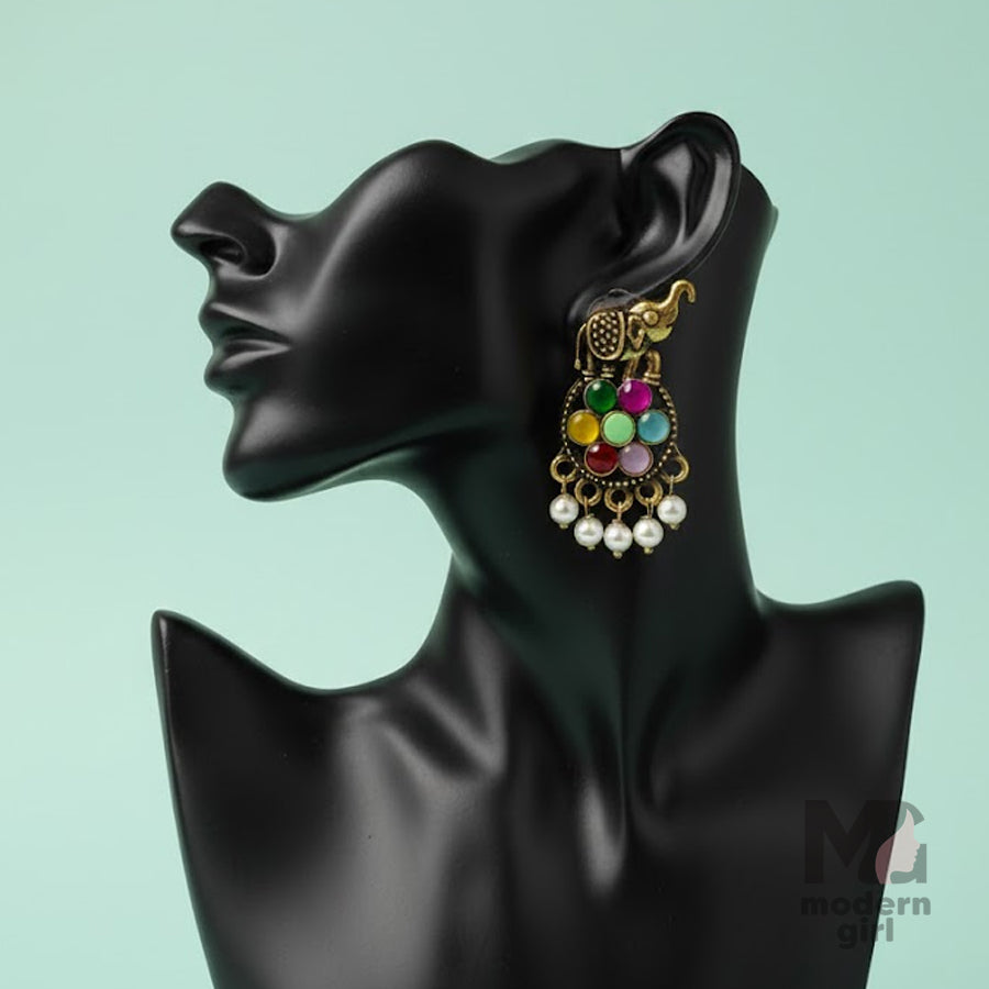 Elephant Motif Navratna Pearl Drop Earrings – German Silver