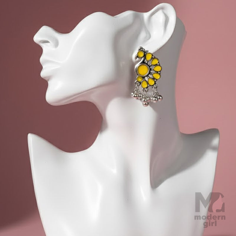 Peacock Stud Earrings with Silver Beads