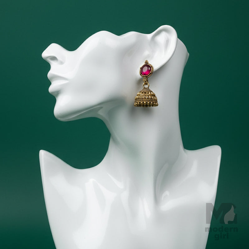 Antique Gold with Ruby Red Stone Jhumka