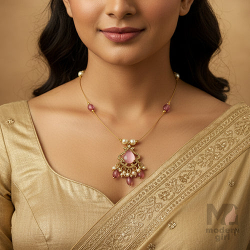 Invisible Chain Necklace with Pink Stone & Pearl Drops