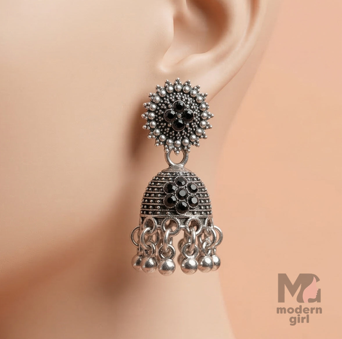 Black Stone Oxidized Silver Jhumka Earrings for Women
