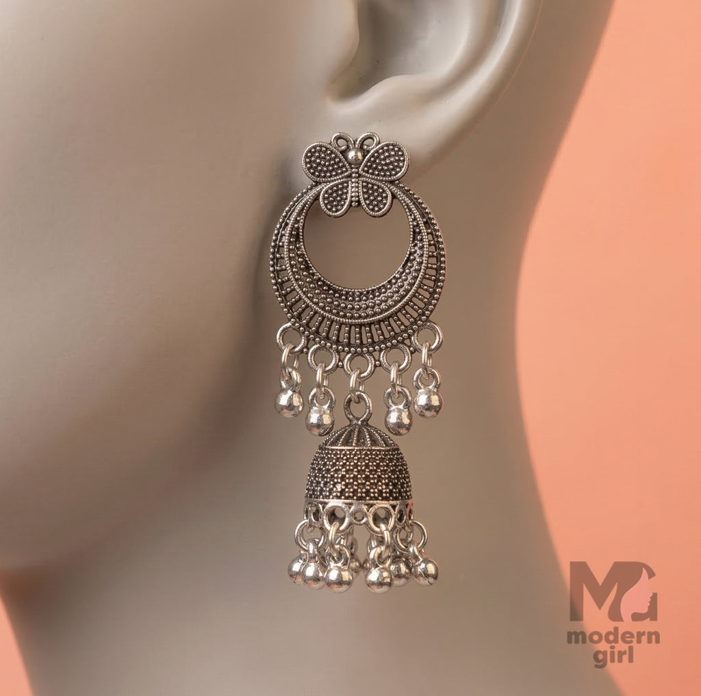 Floral Hoop Oxidized Silver Jhumka Earrings for Women