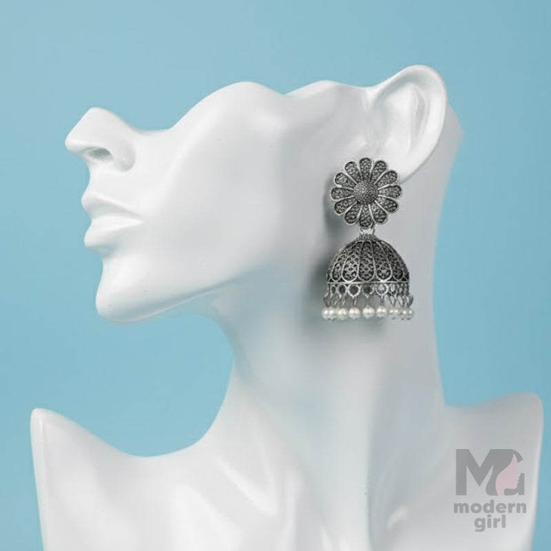 Silver Floral Jhumka Earrings with Pearl Drops