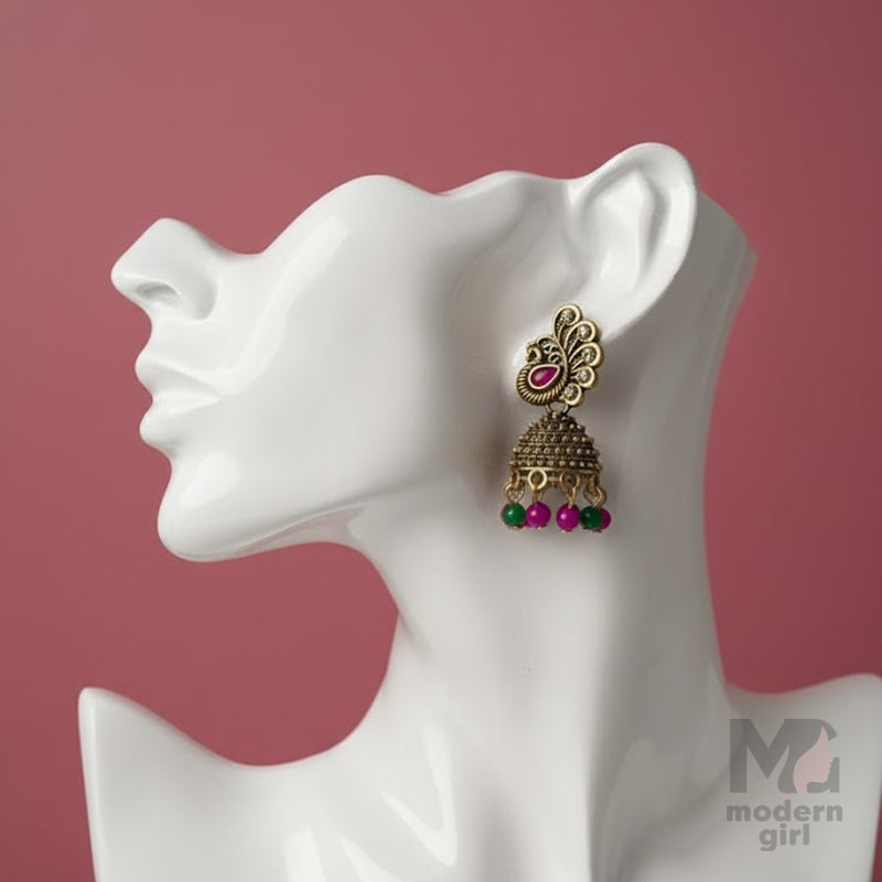 Antique Peacock Feather Top Jhumka with Pink & Green Beads
