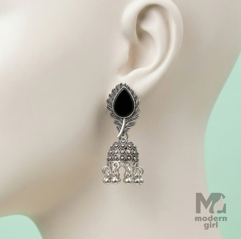 Black Stone Leaf Design Oxidized Silver Jhumka Earrings for Women