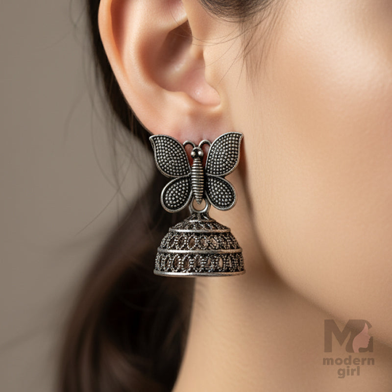Butterfly Jhumka Earrings – Antique Oxidised Silver Finish