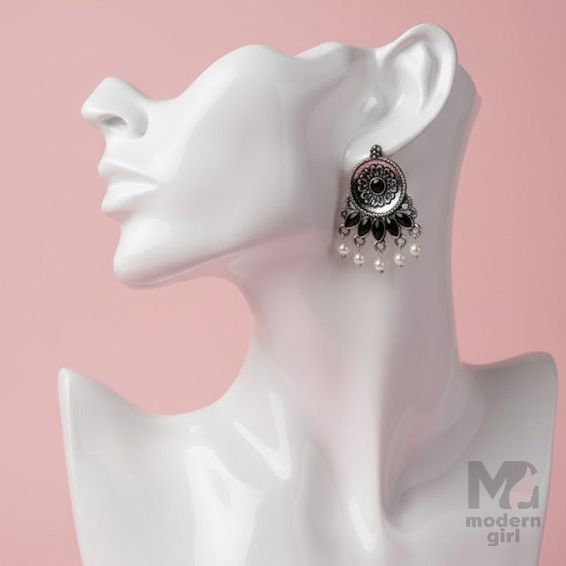 Black Stone German Silver Earrings