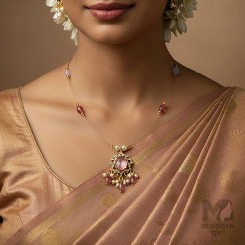 Invisible Chain Necklace with Pink Stone & Pearl Drops