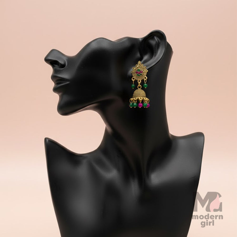 Antique Floral Jhumka Earrings with Green & Pink Beads