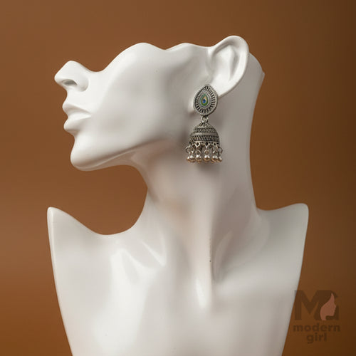 Peacock Teardrop Oxidised Silver Jhumka