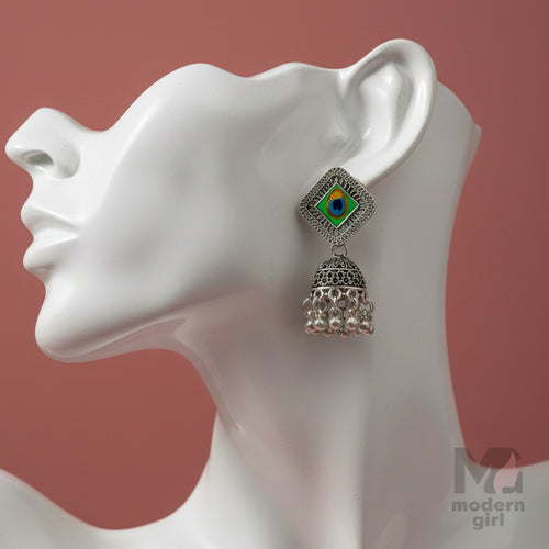 Peacock Oxidised Silver Jhumka