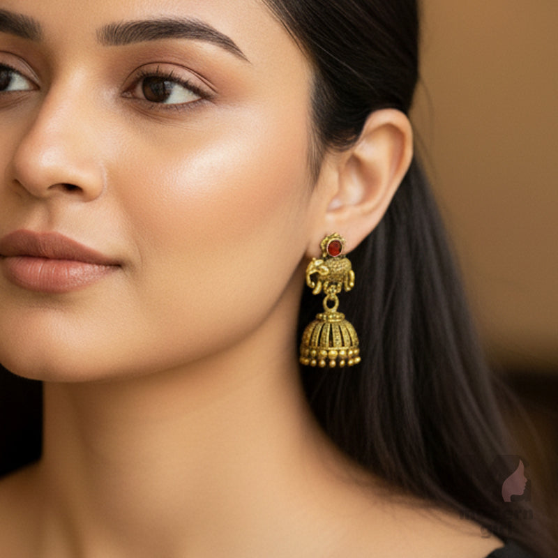 Antique Gold Elephant Motif Jhumka Earrings with Stone