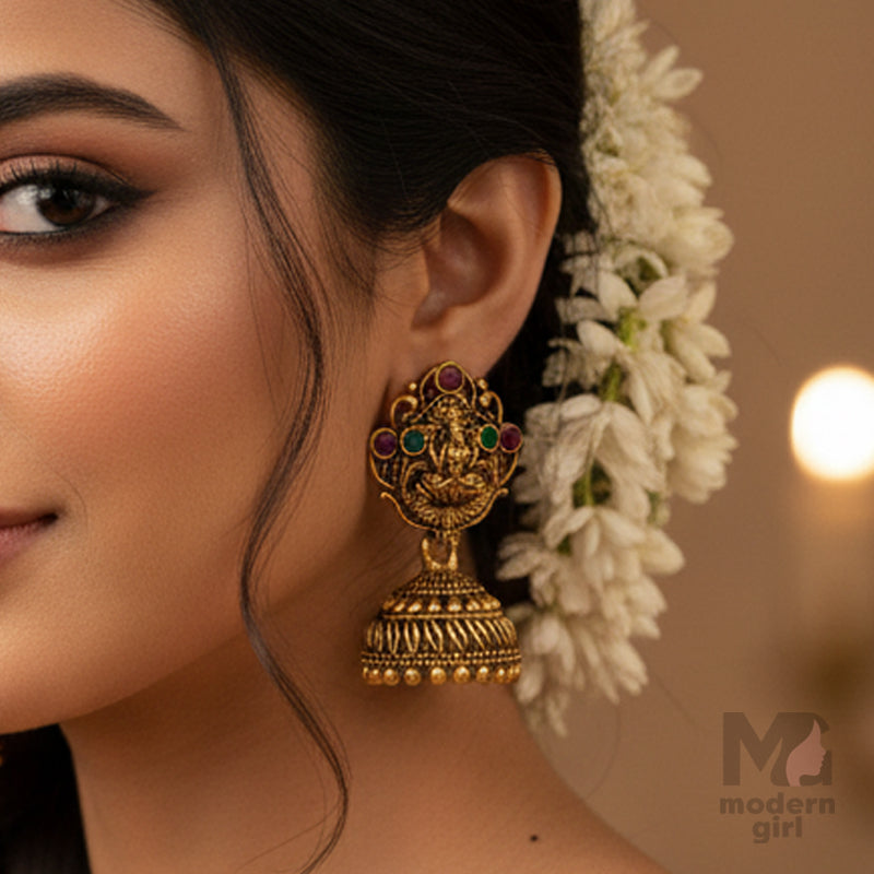 Antique Gold Temple Jhumka Earrings with Lakshmi Design – Traditional South Indian Jewelry
