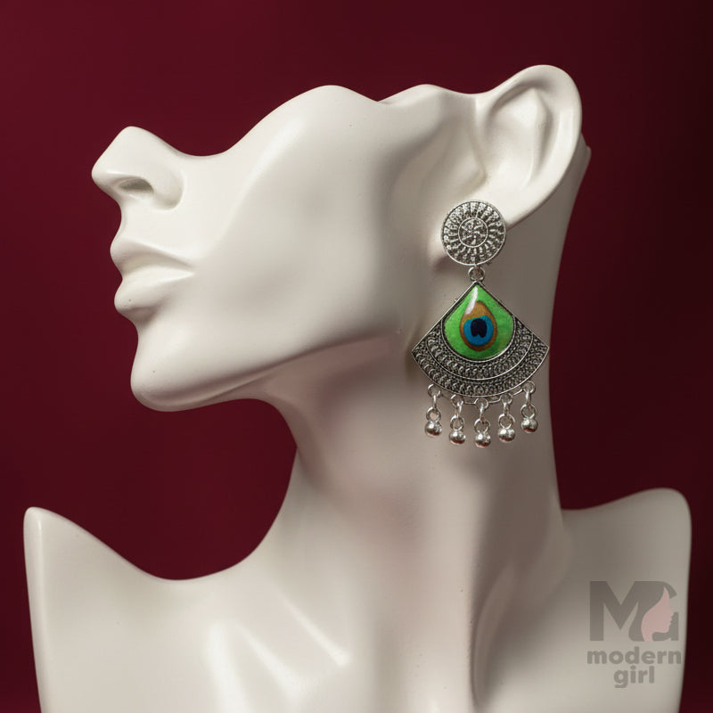 Oxidised Peacock Feather Design Earrings
