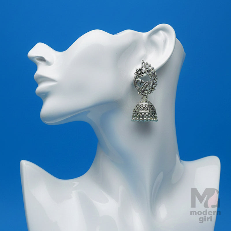 Peacock Oxidised Silver Jhumka