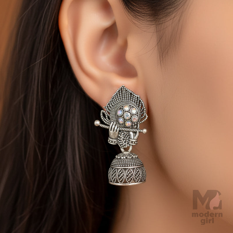 Oxidised Silver Krishna Flute Design Jhumka Earring