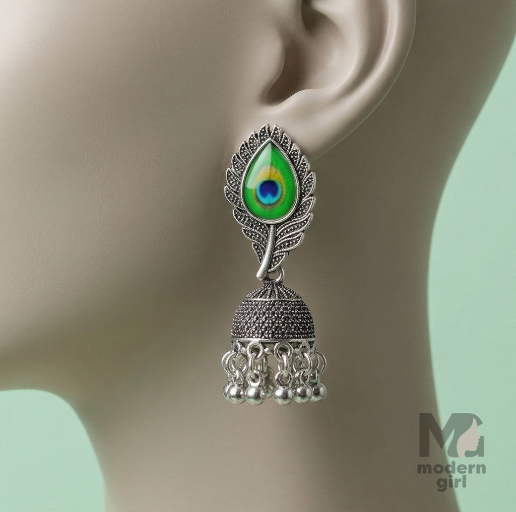 Peacock Feather Design Oxidized Silver Jhumka Earrings