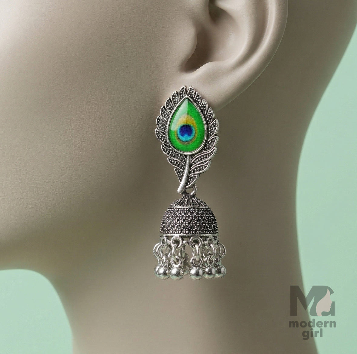 Peacock Feather Design Oxidized Silver Jhumka Earrings