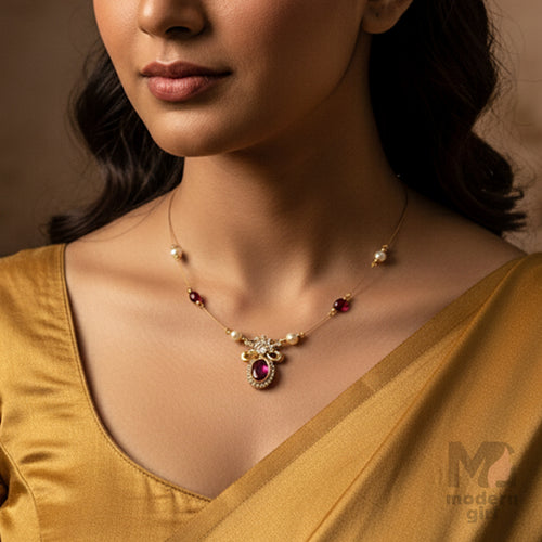 Invisible Chain Ruby Pendant Necklace with Pearls & Stones
