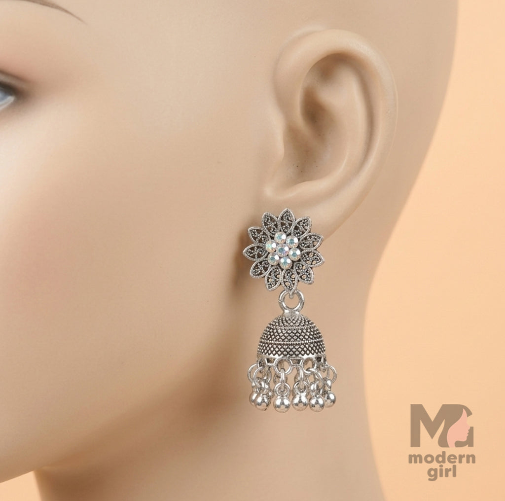 Floral Crystal Oxidized Silver Jhumka Earrings for Women