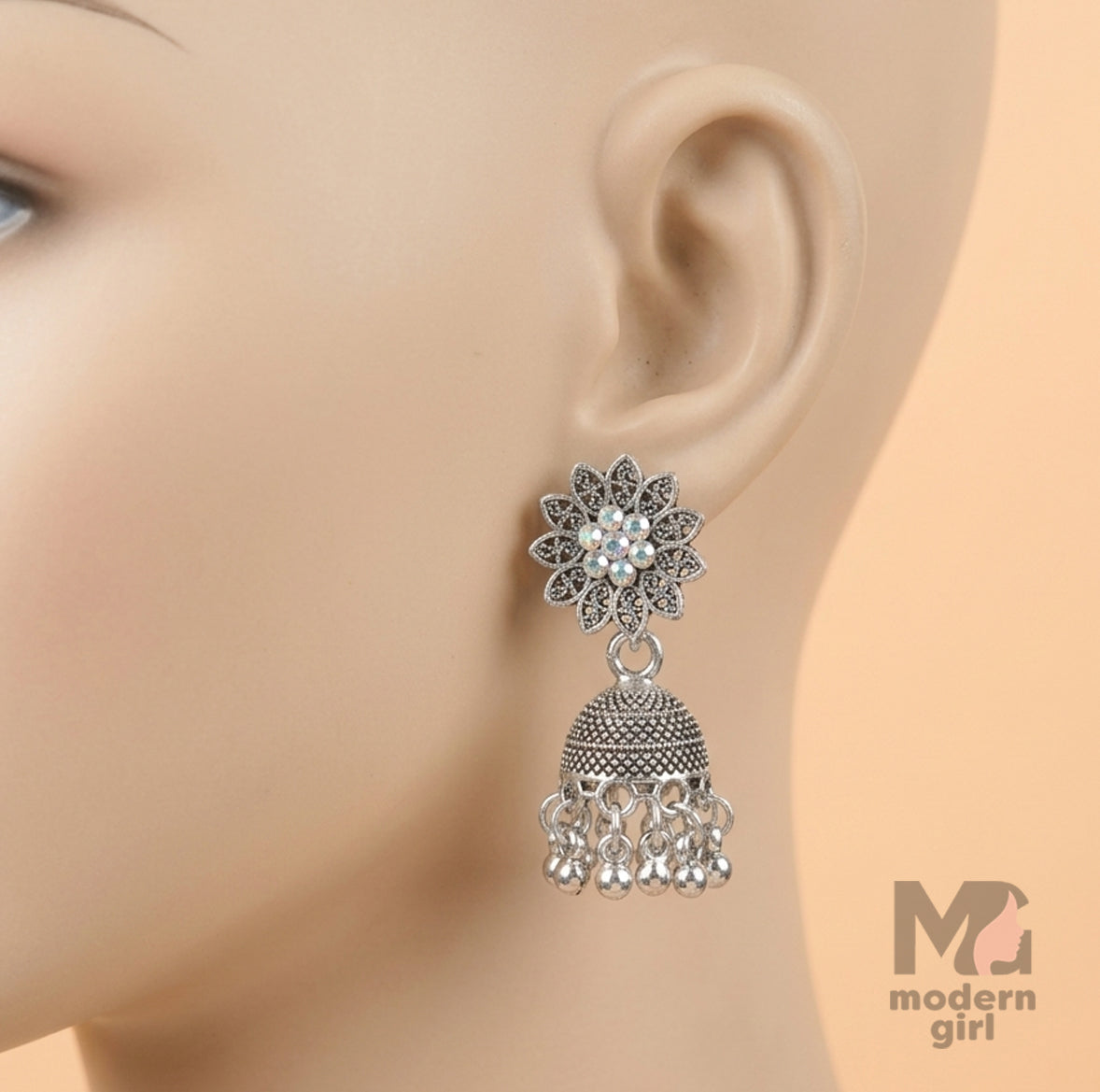 Floral Crystal Oxidized Silver Jhumka Earrings for Women